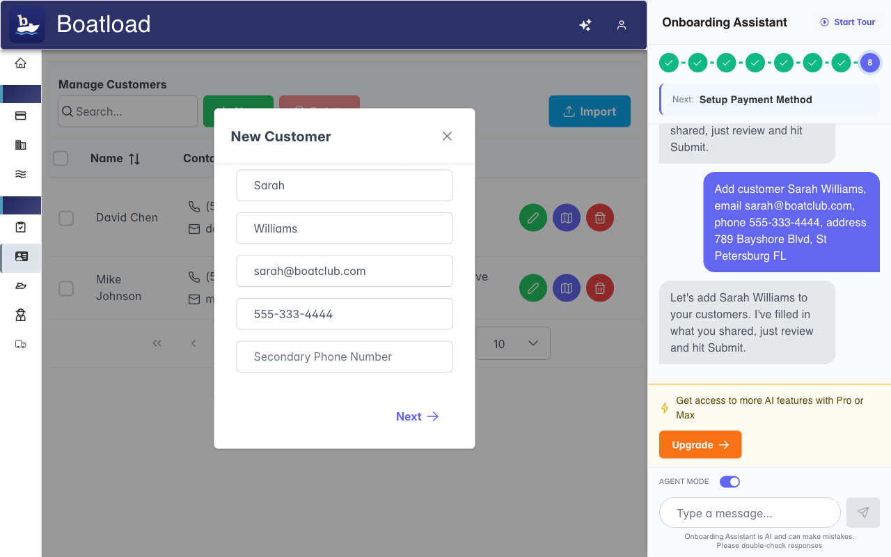 Boatload AI assistant auto-filling the New Marina form after a natural language request