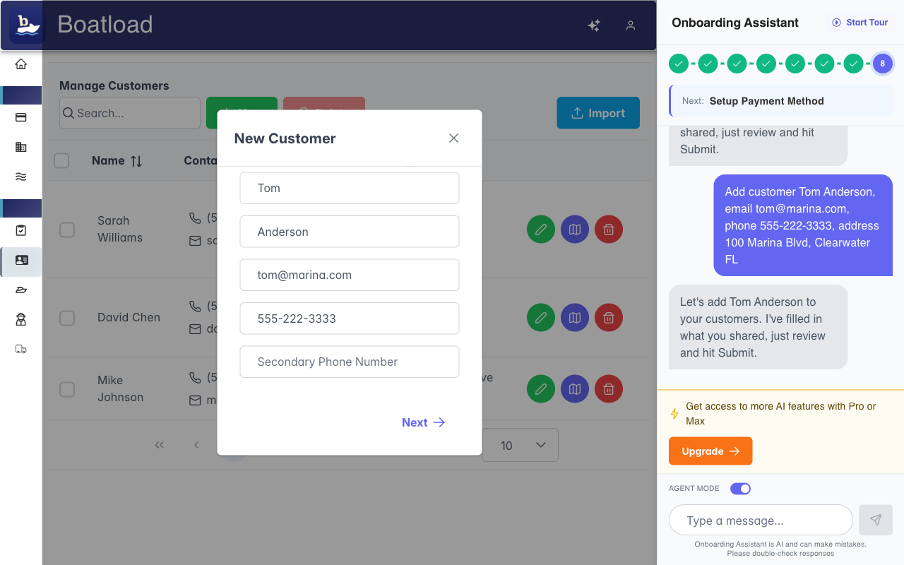 Boatload AI assistant chat helping user set up their marina and team