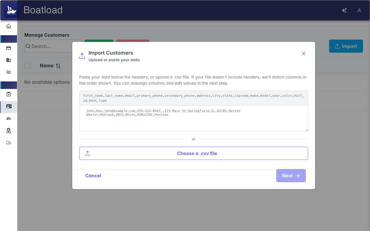 CSV import upload dialog with column tags and paste area