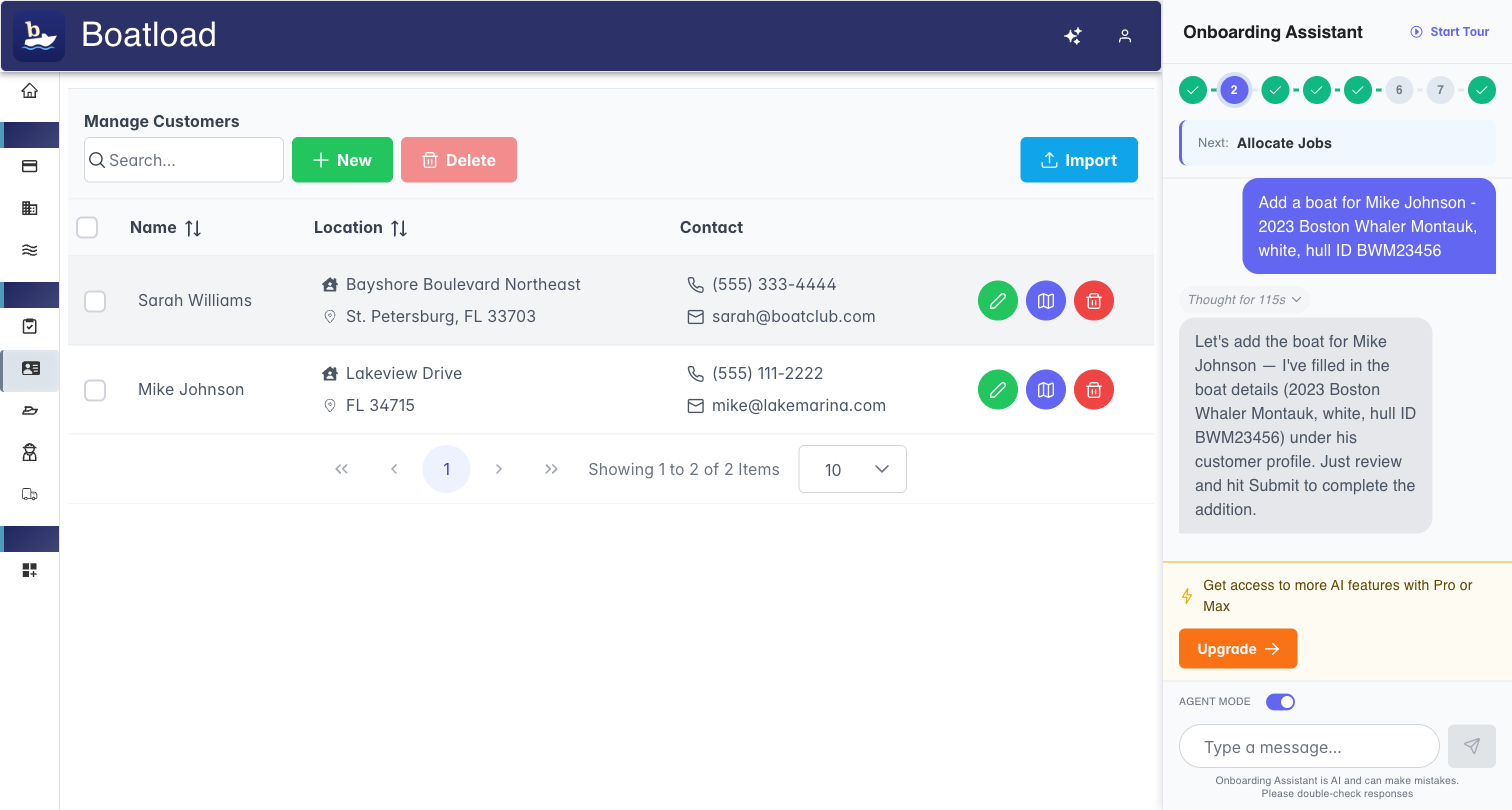 Boatload customers table with names, locations, contact info, and action buttons