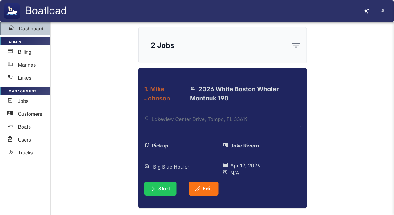 Boatload dashboard showing job cards with customer, boat, driver, truck, and date details
