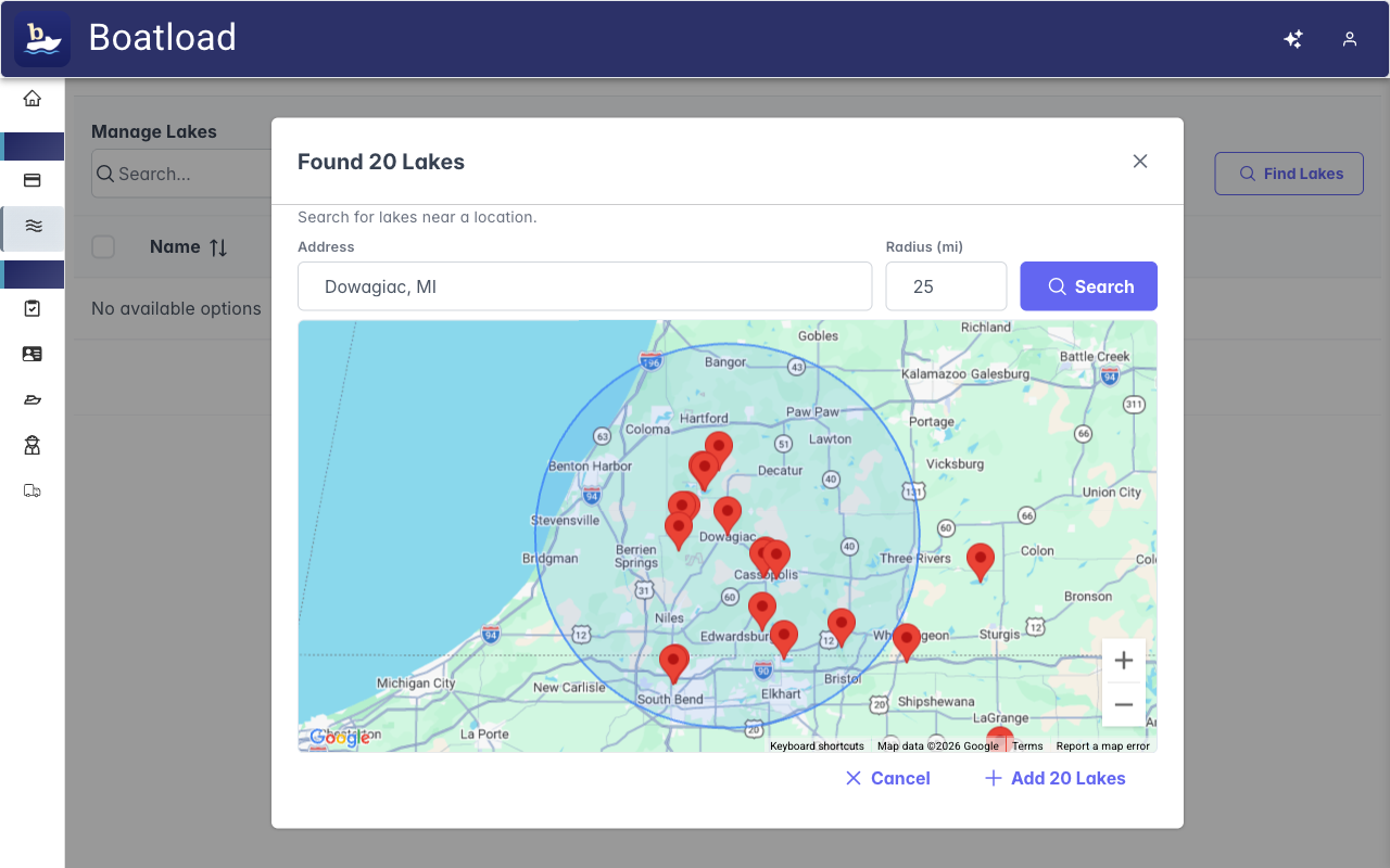 Boatload Find Lakes dialog showing a map of nearby lakes with a selectable list of search results