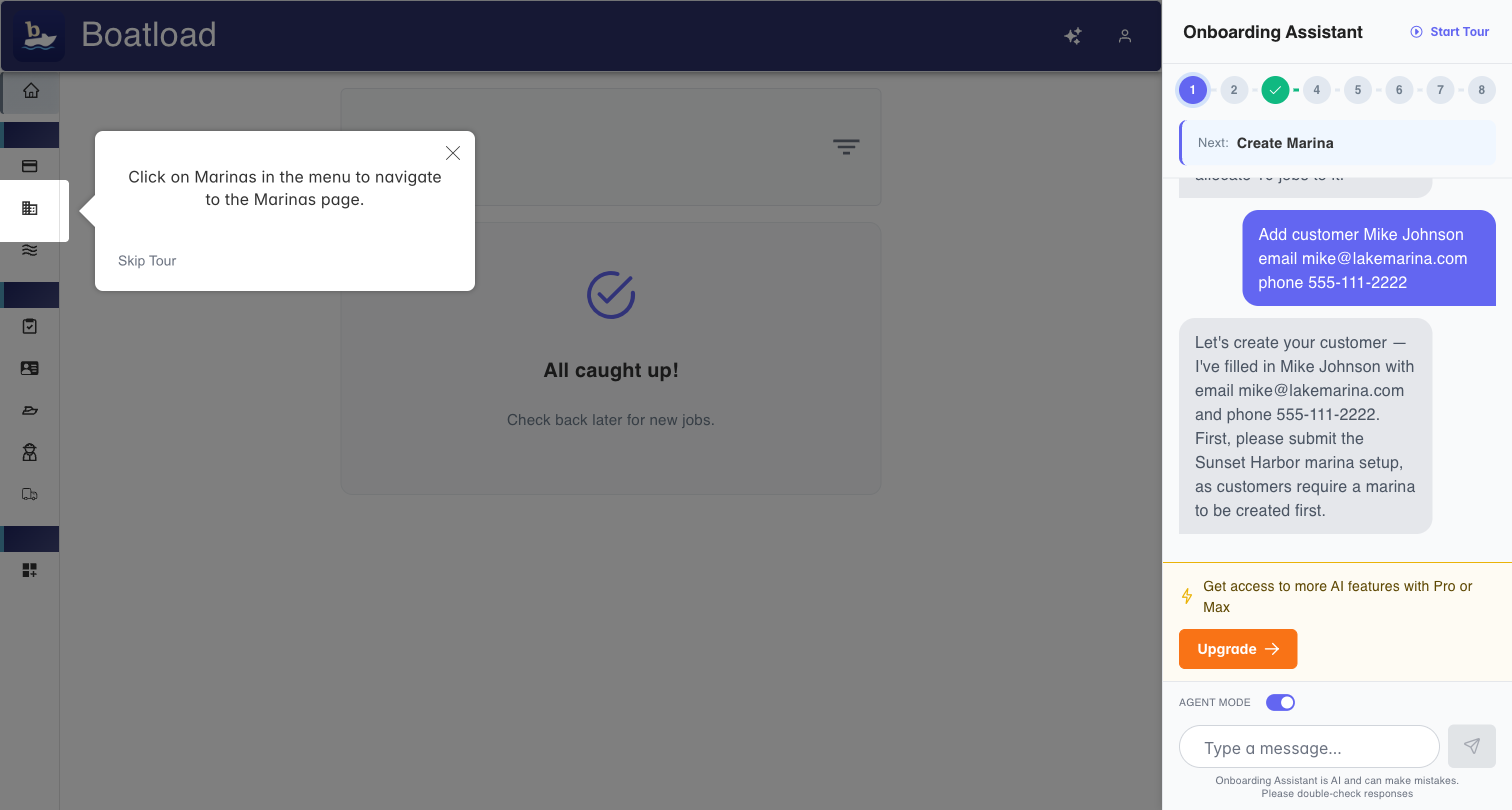 Boatload guided tour showing react-joyride tooltip directing user to click Marinas in the sidebar