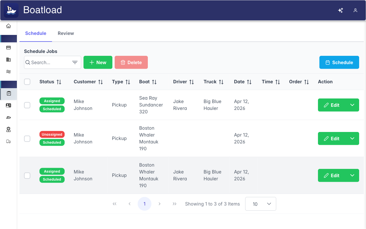 Boatload jobs table showing a scheduled job with customer, boat, driver, and truck assignment