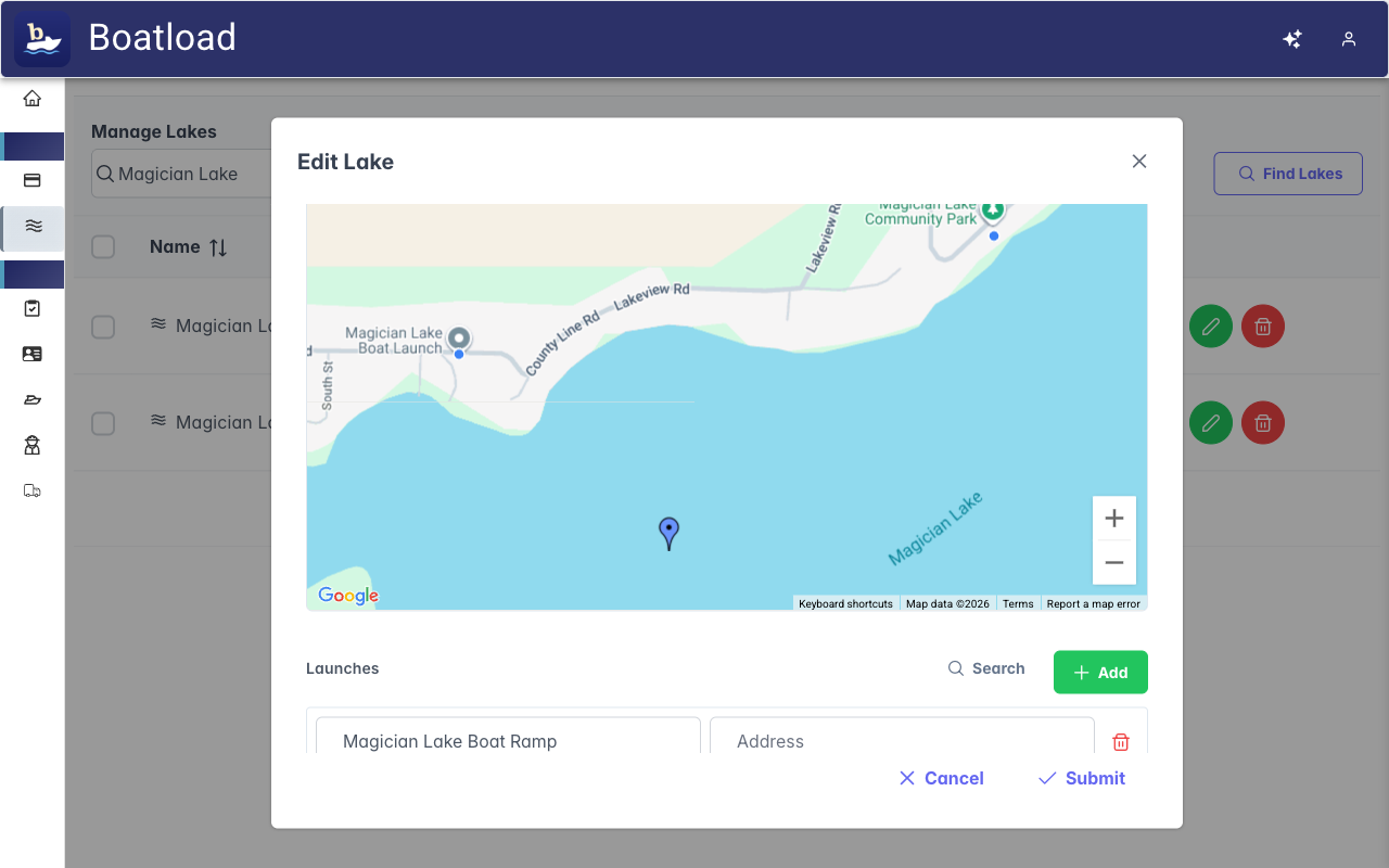 Boatload lake edit form showing auto-populated boat launches with names and coordinates