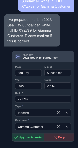 Boatload onboarding assistant drafting a new boat entry for review