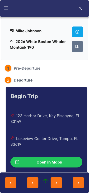 Mobile view of performing a job showing pre-departure inspection question with Yes/No answers